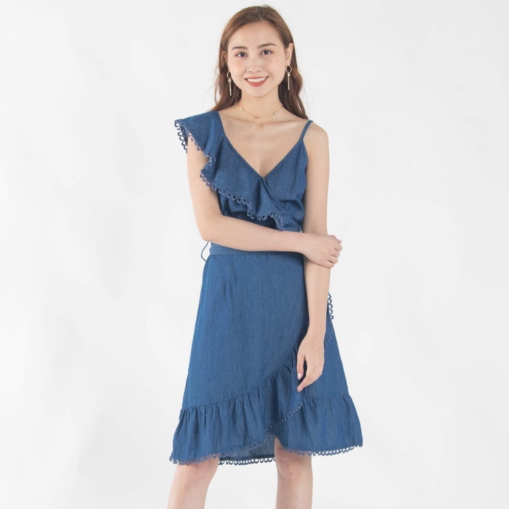 Demin Ruffle Shoulder Crossbody Dress - Picture 1 of 2
